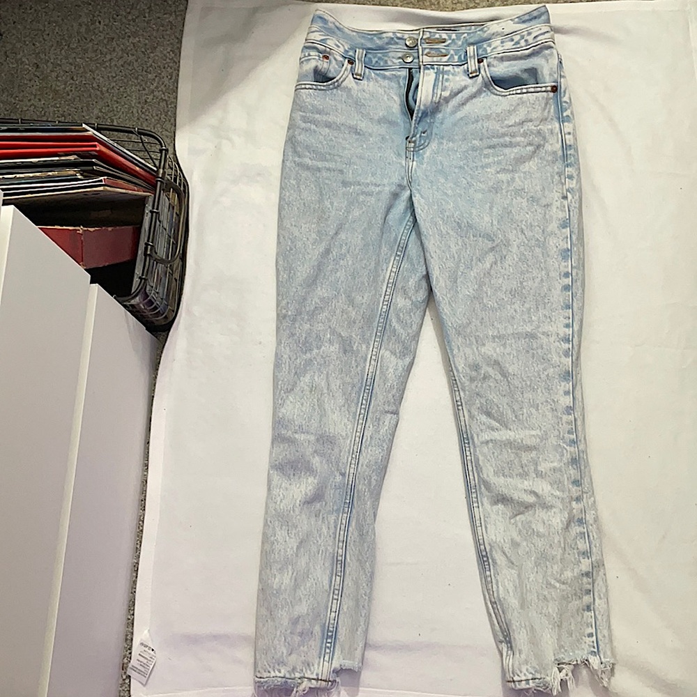 Abercrombie light wash medium rise jeans with frayed bottoms